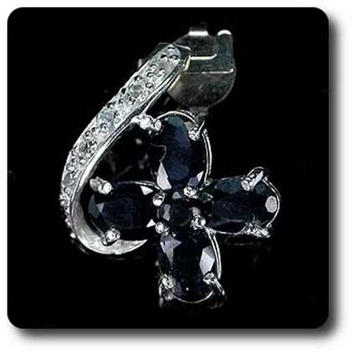 Pendentif Saphir Noir & Topaze Blanche Argent 925 + Plaqué Or Blanc 14 K.