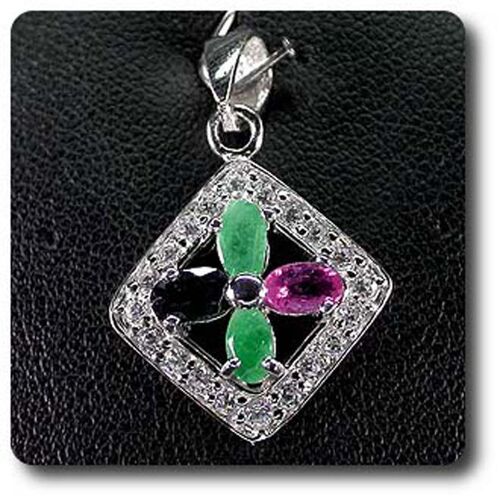 Pendentif Emeraude Rubis & Saphir Argent 925 + Plaqué Or Blanc 14 K.