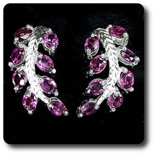 Boucles D'oreille Grenat Rhodolite Rose Argent 925 + Plaqué Or Blanc 14 K.