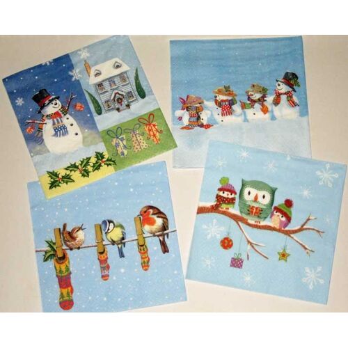 Lot De 4 Jolies Serviettes En Papier Noël Bonhomme Neige Hibou Oiseaux Format 33x33cm