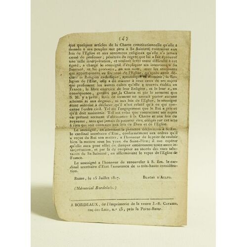 Convention Entre Le Souverain Pontife Pie Vii, Et Sa Majesté Louis Xviii, Roi De France Et De Navarre. [ 15 Juillet 1817 ]