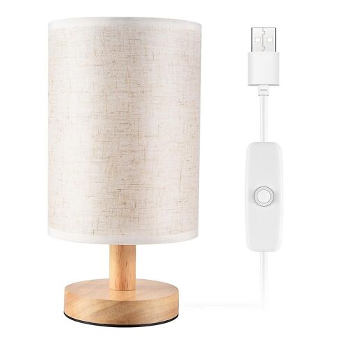 Dc5v Round Bedside Table Lamp Nightstand Lamp With Fabric Shade And Solid Wood For Bedroom, Living