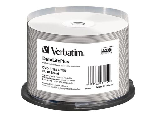 Verbatim DataLifePlus - 50 x DVD-R - 4.7 Go 16x - surface imprimable thermique large - spindle