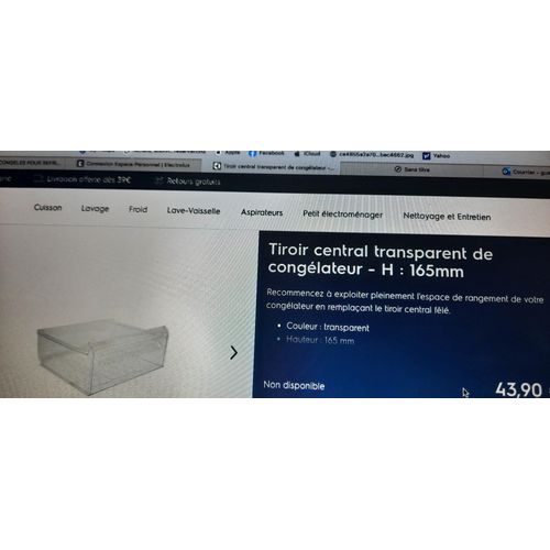 Tiroir central transparent de congélateur - H : 165mm marque Electrolux , référence : 247137124, pour réfrigérateur ELECTROLUX model ENN3012AOW