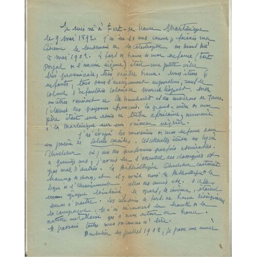 Manuscrit De 3 Feuillets(Autobiographie) De Emmanuel-Flavie Leopold (1892-1962) Poète, Écrivain Français(Martinique)