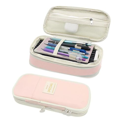 Trousse De Grande Capacité Avec Fermeture Éclair Pour Le Bureau Et L¿École, Sac À Stylo Pour Les Étudiants Et Les Adultes Pour Les Fournitures Scolaires Rose