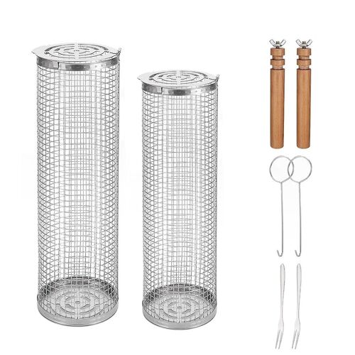 2Pcs BBQ Grill Basket, Stainless Steel Rolling BBQ Vegetable Grill Basket with Removable Wooden Han