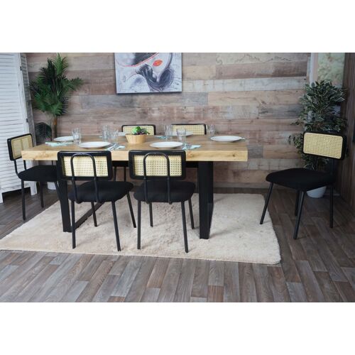 Lot de 6 chaises de salle à manger HWC-K88, fauteuil chaise, bois poly rotin métal bouclé   tissu/textile noir