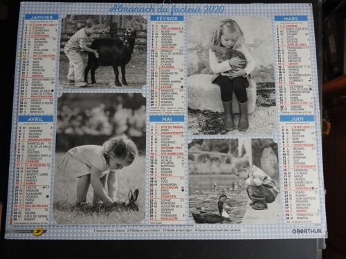 Calendrier Almanach La Poste / Enfants Et Jeunes Animaux : Ecureuil, Chien, Mouton, Canard, Lapin; Brebis, Chat