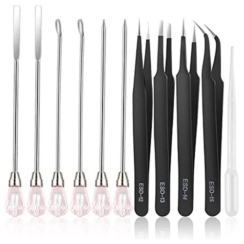11 Pcs Resin Mold Tools Set Stirring Needle Spoon Tool Tweezers Precision Kit (Black+Pink)