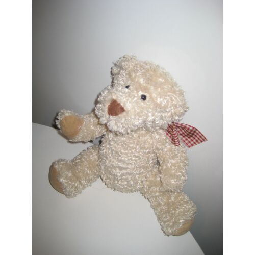 Peluche Doudou Ours Souriant Caramel Et Son Ruban Écossais 30 Cm