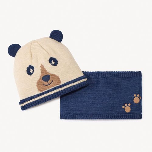 Set Bonnet + Snood Tricot Ludique Fantaisie Pour Bébé - Bleu Marine