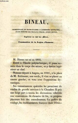 Bineau, Representant Du Maine-Et-Loire A L'assemblee Legislative, Ancien Ministre Des Travaux Publics, Ancien Depute, Ingenieur En Chef Des Mines, Commandeur De La Legion D'honneur
