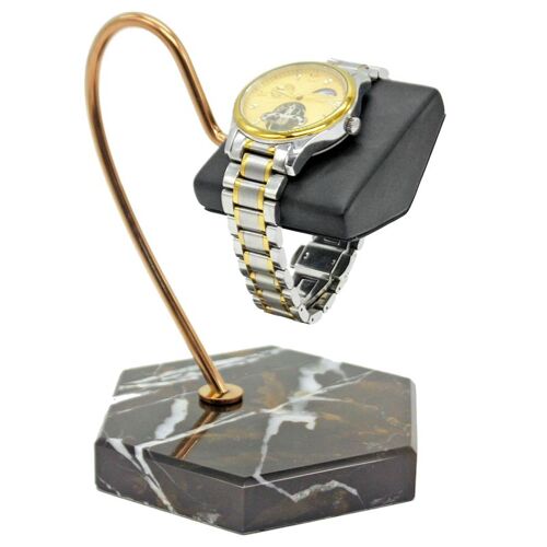 Présentoir De Montre, Support De Rangement De Montre, Base En Marbre Naturel Noir, Tige De Support En Métal Doré, Bracelet En Pu