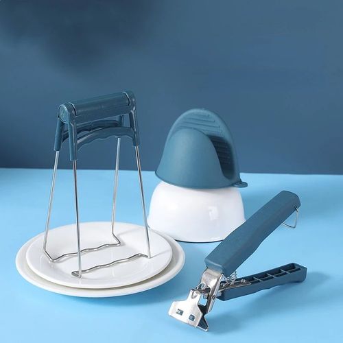 Pince Porte-Ustensile Bleu, 3 Pièces, Bol, Cuillère, Pot, Casserole, Pince, Pince De Plat Chaud, Poignée En Silicone, Accessoires De Cuisine