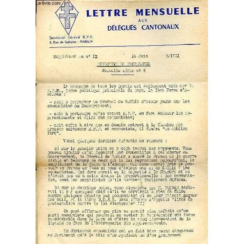 Lettre Mensuelle Aux Délégués Cantonaux Supplément Au N°13 16 Juin 1951