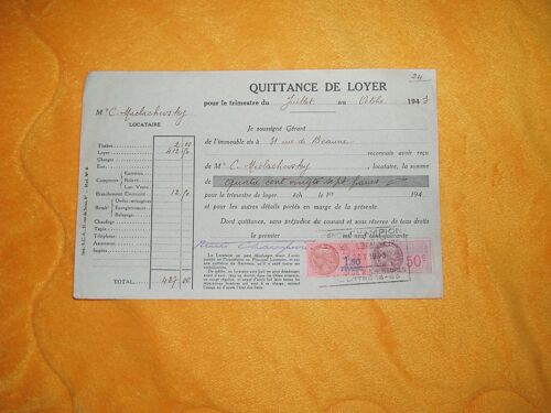 Quittance De Loyer  Pour Le Trimestre  / Annee 1943 + Timbres Fiscaux 1.50 Franc Et 50c.
