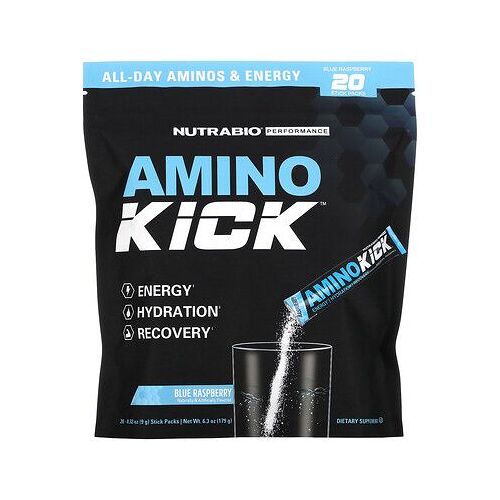 Nutrabio, Amino Kick, Framboise Bleue, 20 Sachets De Sticks, 9 G Chacun 
