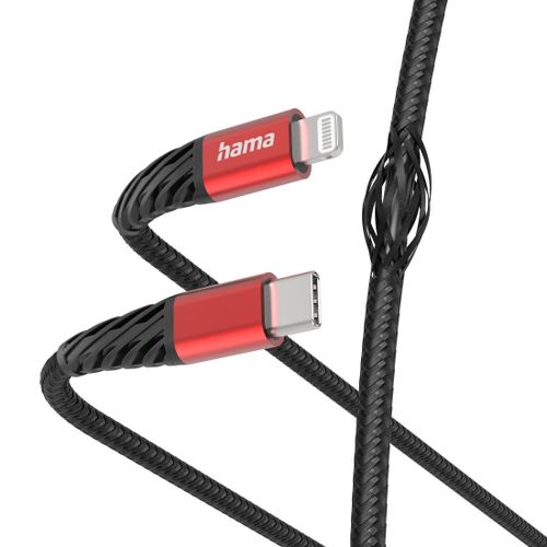 Câble de charge "Extreme" USB-C - Lightning, 1,5 m, nylon, noir/rouge