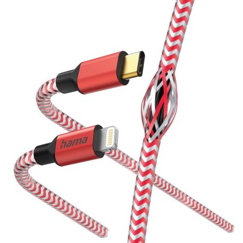 Câble de charge "Reflective", USB-C - Lightning, 1,5 m, nylon, rouge