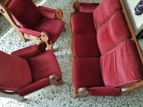 Ensemble Salon en Bois Massif, Canapé 3 places et 2 Fauteuils