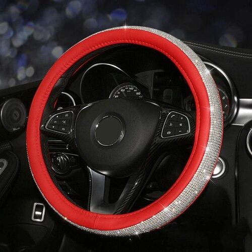 Red Housse De Volant Auto Voiture En Cuir Avec Strass Cristal Pour Femmes Filles Accessoires D'intérieur Noir/Beige 15 ''38cm