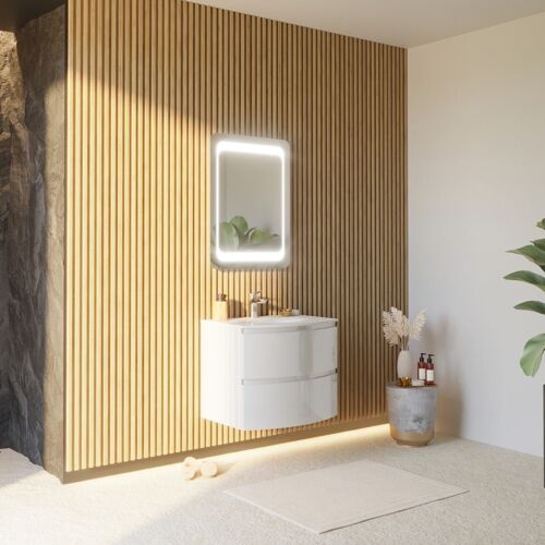ARMOIRE DE TOILETTE MURALE COURBE 70CM BLANC BRILLANT MIROIR LED 80X60 | LOS ANGELES
