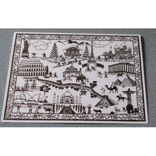 Carte double pour correspondance ou envoi de voeux - Fond blanc illustré décor festif et images de monuments du Monde - 21x15cm pliée - éditée par Unicef