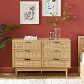 Commode 6 Tiroirs 120x39,5x75 Cm Naturel Avec Cannage - Aretha