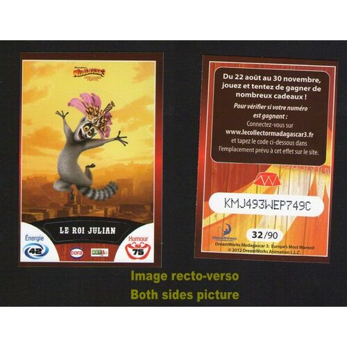 Carte À Collectionner Autocollant Le Collector 2012 Cora Le Roi Julian Codée Madagascar 3 N° 32 / 90