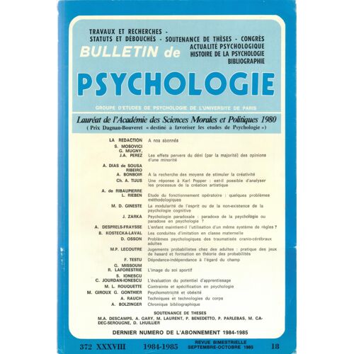 Bulletin De Psychologie N° 372 Tome Xxxviii