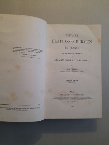 Histoire Des Classe Rurales En France Et De Leurs Progrès Dans L'égalité Civile Et La Propriété. Henry Doniol