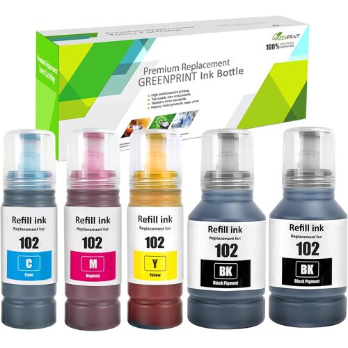5Pack Compatible 102 Bouteilles d'encre 7500 Pages Noir, 6000 Pages CMY pour Epson 102 ET-2700 ET-2750 ET-3700 ET-3750 ET-4750 ET-2751 ET-2756 ET-2850 ET-2851 ET-2856 ET-3850 ET-4850 ET-4856