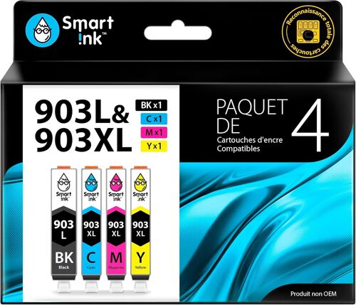 Cartouche d'Encre Compatible pour HP 903 XL 903XL 4 Pack (Noir Cyan Magenta Jaune) avec Système de Puce Avancée pour Officejet 6950 All-in-One Officejet Pro 6960 6970 All-in-One