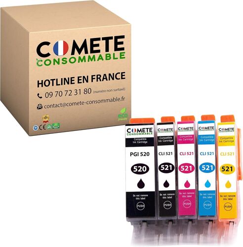 Marque française -520XL 521XL - Pack de 5 Cartouches d'encre Compatible avec Canon PGI-520 CLI-521 XL / 520 521XL pour imprimante PIXMA - 2 Noir +1 Cyan +1 Magenta +1 Jaune