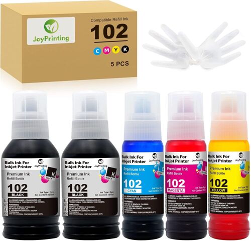 Lot de 5 recharges d'encre de rechange pour flacon d'encre Epson 102 compatible avec Epson EcoTank ET2750 ET2700 ET2751 ET2756 ET3700 ET3750 ET4750 ET15000