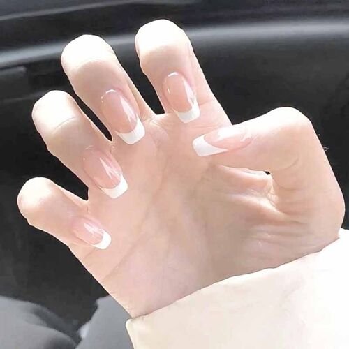 Boîte De 24 Faux-Ongles Français À Tête Carrée, Couverture Complète, Faux Ongles Artificiels Détachables, Ballerine À Pression 
