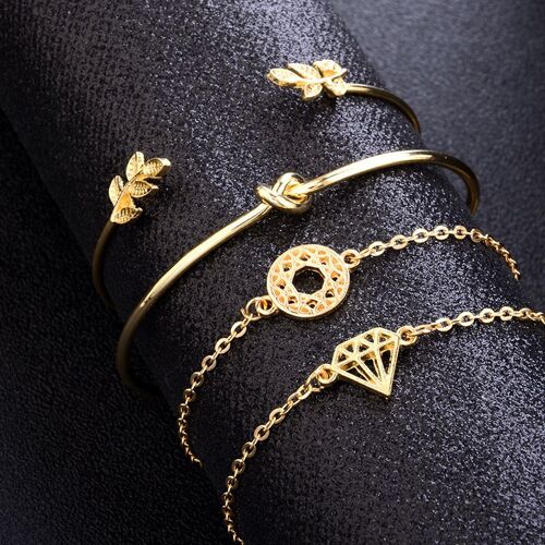 Bracelet Rétro En Diamant Pour Femmes, Ensemble De 4 Pièces, Avec Noeud En Forme De Feuille Ajourée