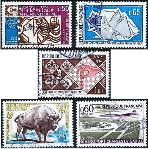 France 1974, Beaux Timbres Yvert 1783 Exposition Arphila 75, 1787 Aéroport Charles De Gaulle, 1788 Club Alpin Français, 1795 Nature, Le Bison D'europe Et 1800 Jeux Olympiques D'échecs, Oblitérés, Tbe