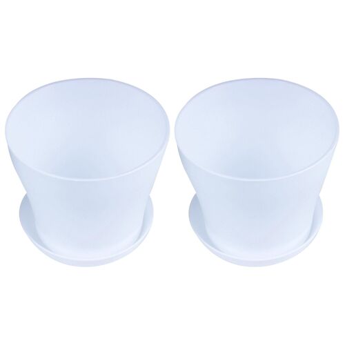 2X Plastic Plant Flower Pot Planter With Saucer Tray Round Gloss Home Garden Decor, White Upper -,