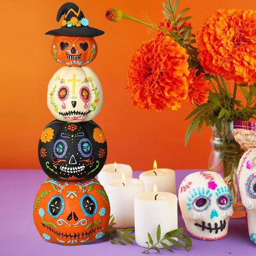 Statues Citrouilles Halloween en Résine – 4 Pièces Empilables pour Table et Jardin