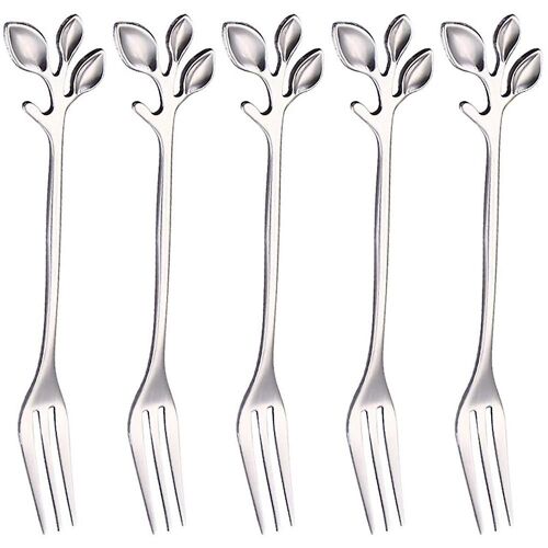 Stainless Steel Fork, Leaf-Shaped Handle Dessert Fork Fruit Salad Meat Kitchen Accessories. Silver