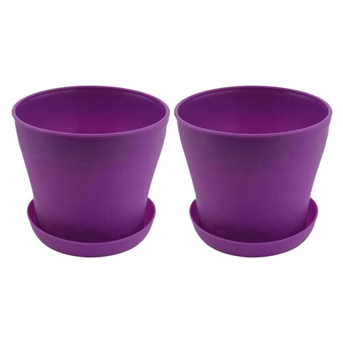 2X Plastic Plant Flower Pot Planter With Saucer Tray Round Gloss Home Garden Decor, Purple Upper -,