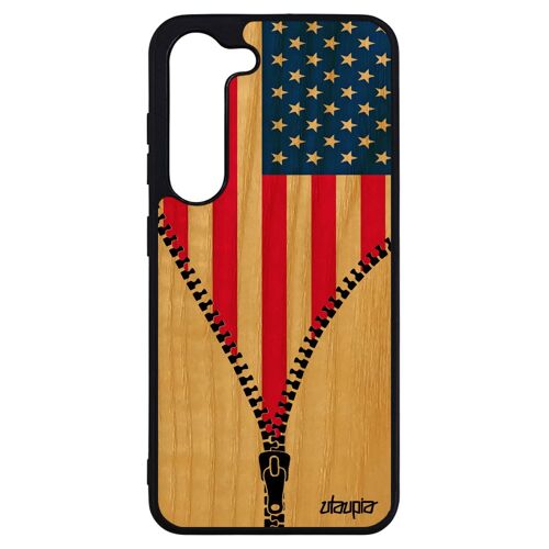 Coque rigide pour Samsung S23+ Plus bois silicone drapeau etats unis usa americain foot NBA solide NFL football noir motif de galaxy
