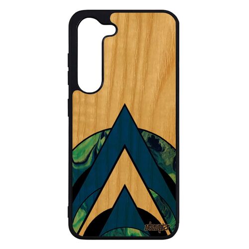 Coque Samsung S23 vrai bois silicone marbre effet etui telephone portable cadeau peinture motif rond design fond bleu rigide galaxy