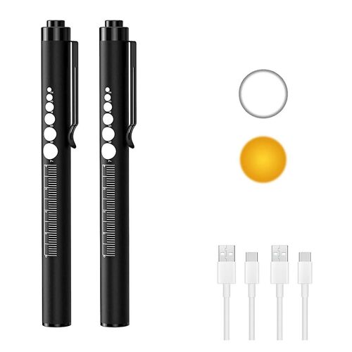 2 lampes de stylo rechargeables avec jauge de pupille et règle, lampes stylos à LED pour les infirmières médecins, rechargeable, lumière chaude / blanche