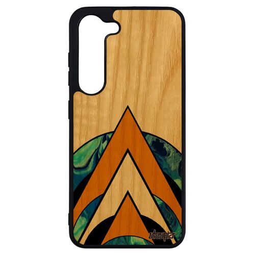 Coque bois silicone pour Samsung Galaxy S23+ Plus marbre triangle motif design rigide TPU etui artisanal coloré geometrique orange