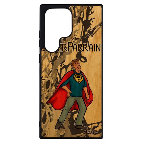 Coque Samsung S23 Ultra bois silicone super parrain drole comique bebe heros humour dessin antichoc texte gris made in France galaxy