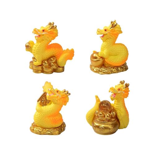 Mini Figurine de Dragon du Nouvel An Chinois, 4Pcs Statue de Dragon Miniature 2024 Statue de Dragon du Zodiaque Chinois Doré en résine