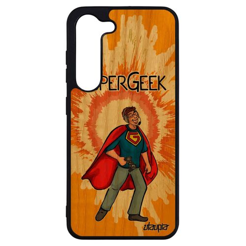 Coque bois silicone Samsung S23+ Plus super geek texte orange dessin comics play case jeux video portable gamer drole heros galaxy